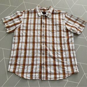 Prana Short Sleeve Button Down Men's XL Brown & Tan Plaid EUC